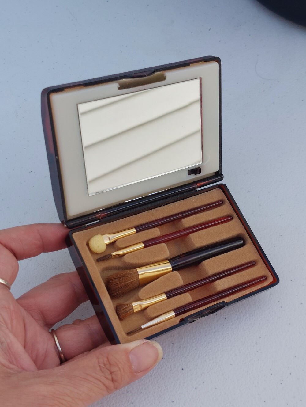 Lucite Lighted Compact Mirror Make Up Brush Set Vintage Never Used Not Tested